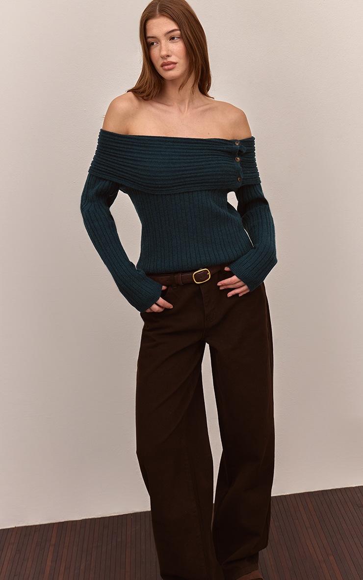 Pretty Little Thing Teal Button Detail Ribbed Knit Bardot Sweater