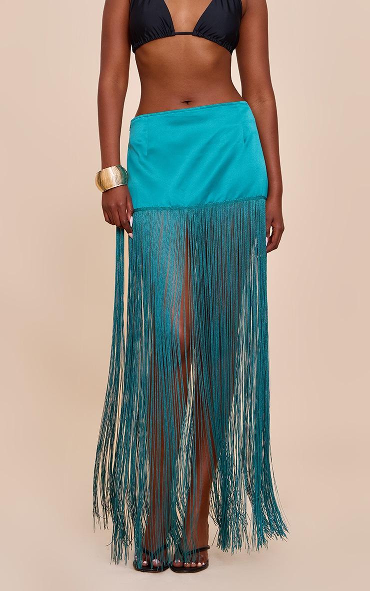Pretty Little Thing Teal Satin Extreme Tassel Trim Mini Skirt