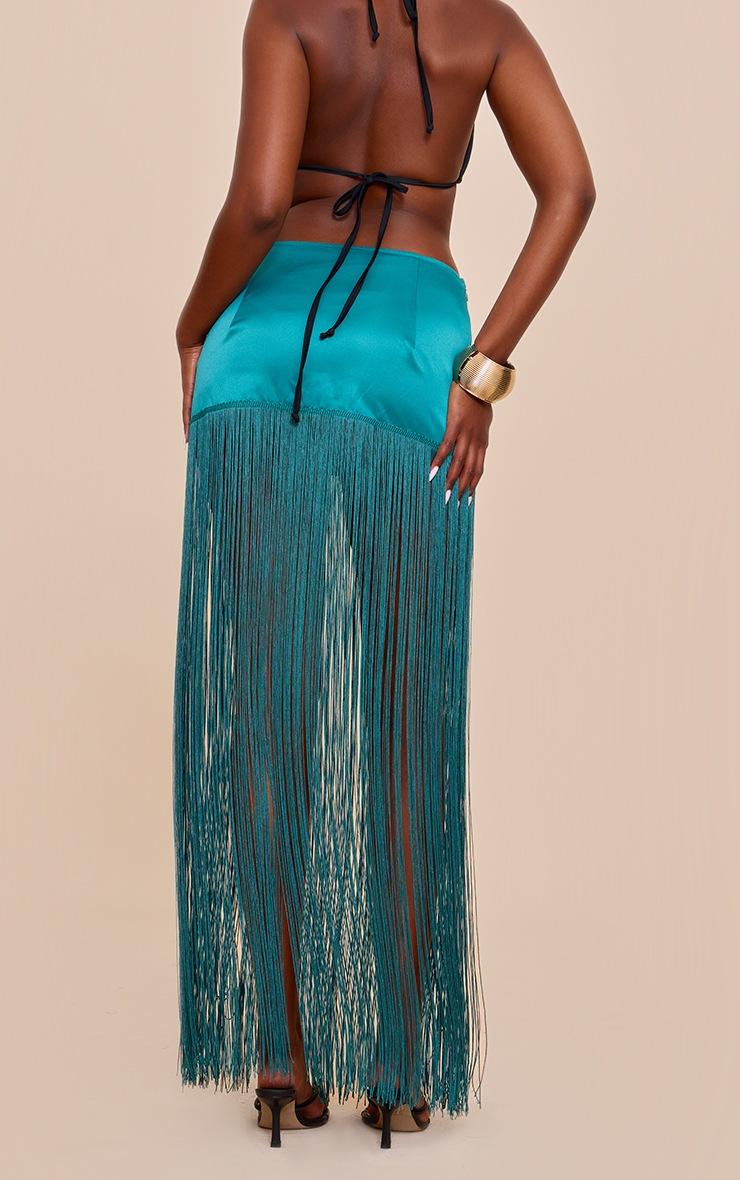 Pretty Little Thing Teal Satin Extreme Tassel Trim Mini Skirt