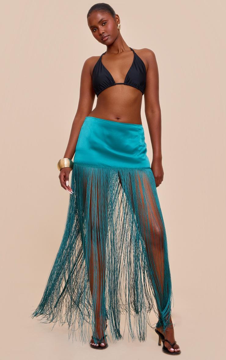 Pretty Little Thing Teal Satin Extreme Tassel Trim Mini Skirt