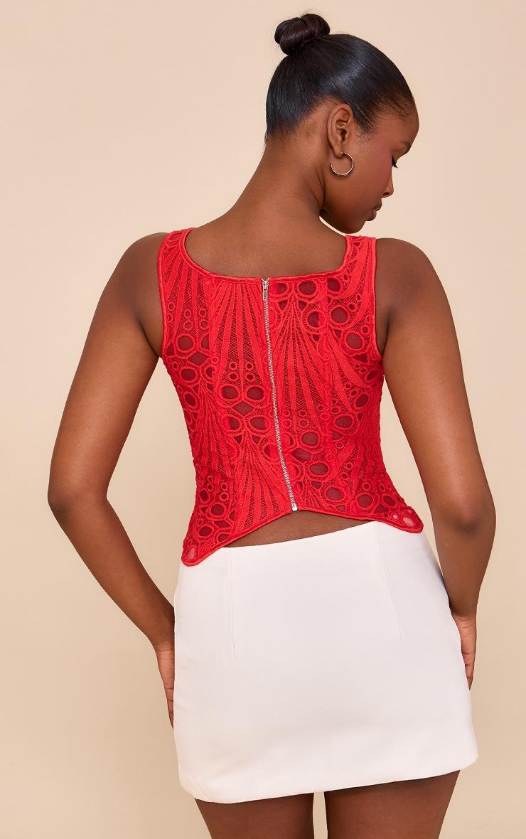 Pretty Little Thing Tomato Red Textured Sheer Floral Square Neck Corset