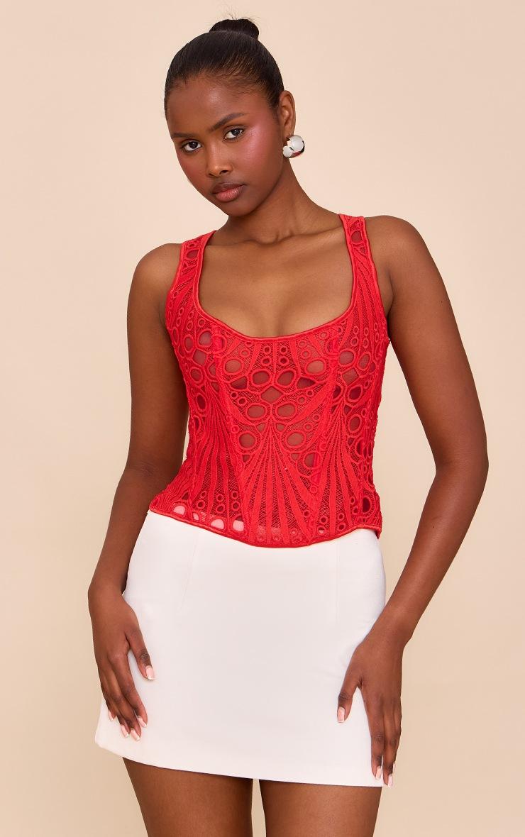Pretty Little Thing Tomato Red Textured Sheer Floral Square Neck Corset