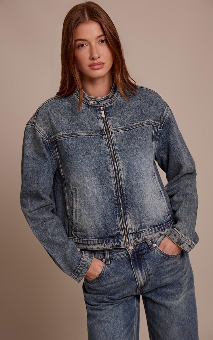 Pretty Little Thing Vintage Blue Boxy Denim Racer Jacket