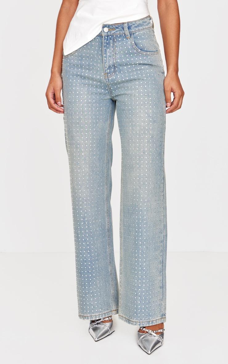 Pretty Little Thing Vintage Light Wash Diamante Front Straight Leg Jeans