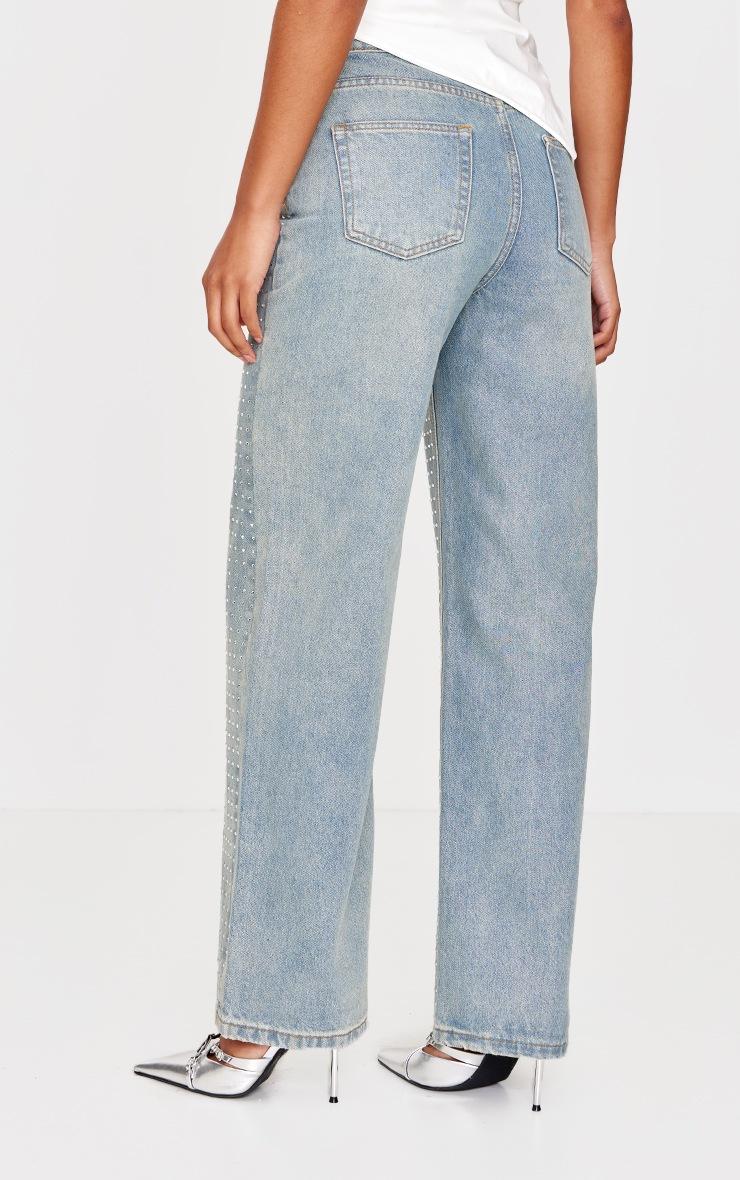 Pretty Little Thing Vintage Light Wash Diamante Front Straight Leg Jeans