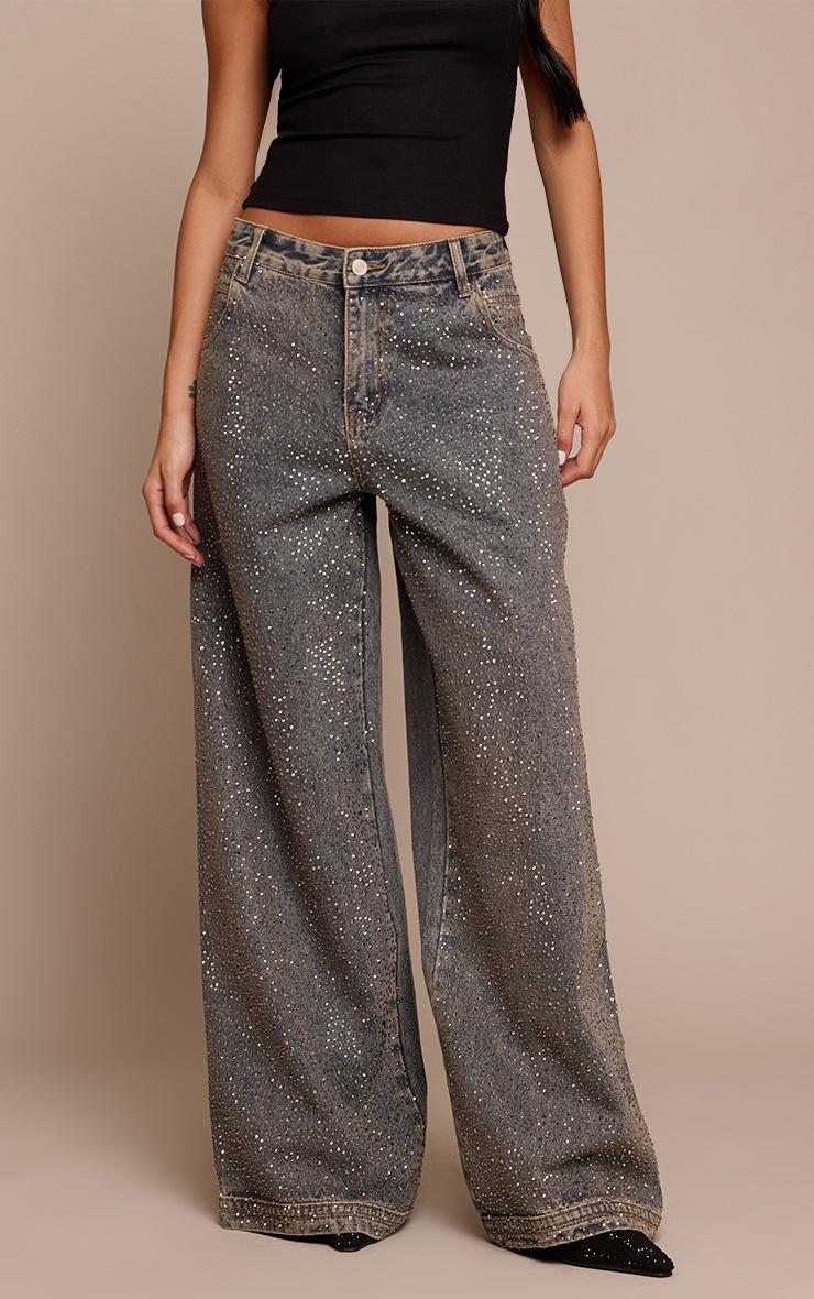 Pretty Little Thing Vintage Relaxed Low Rise Hotfix Wide Leg Denim Jeans