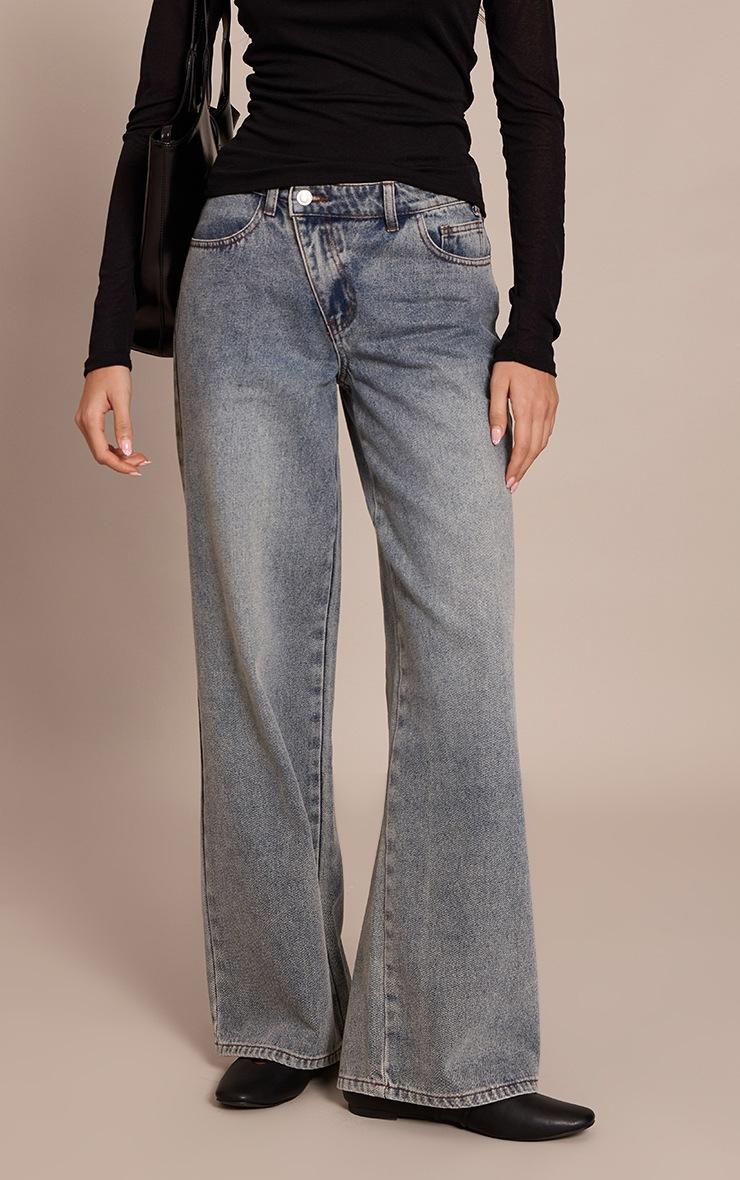 Pretty Little Thing Vintage Wash Asymmetric Waistband Wide Leg Jeans