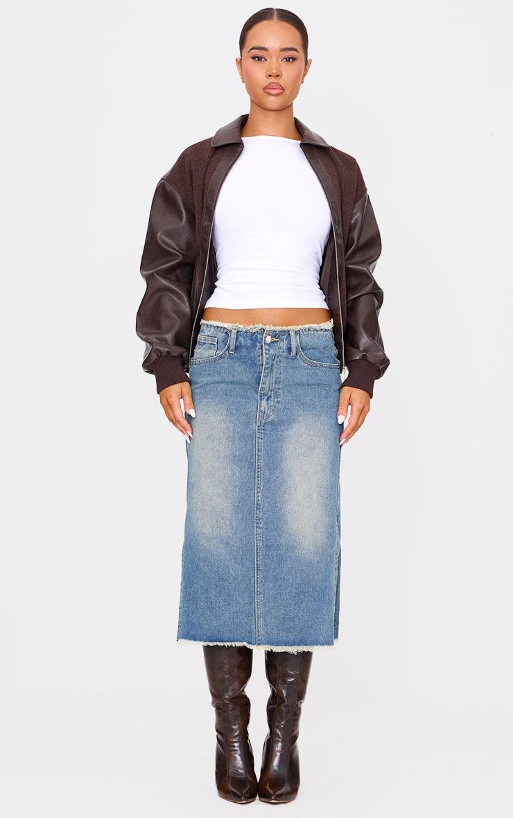 Pretty Little Thing Vintage Wash Side Split Raw Hem Denim Midi Skirt