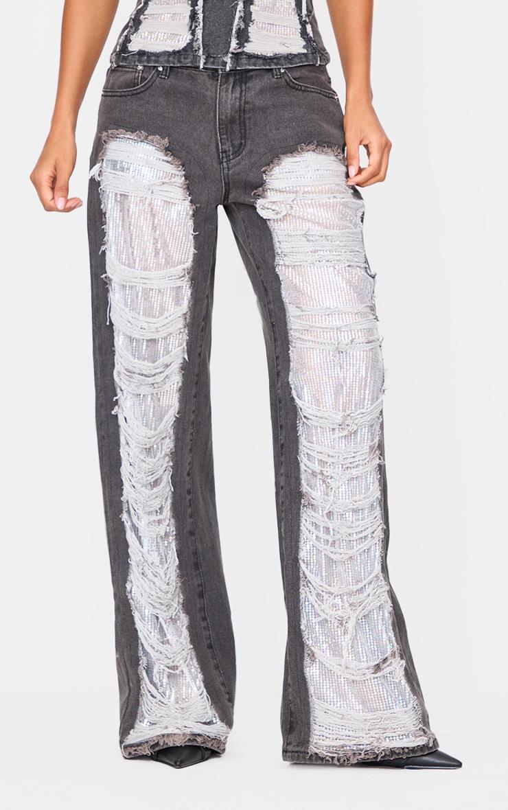 Pretty Little Thing Washed Black Extreme Distressed Sequin Panel Straight Leg Jeans
