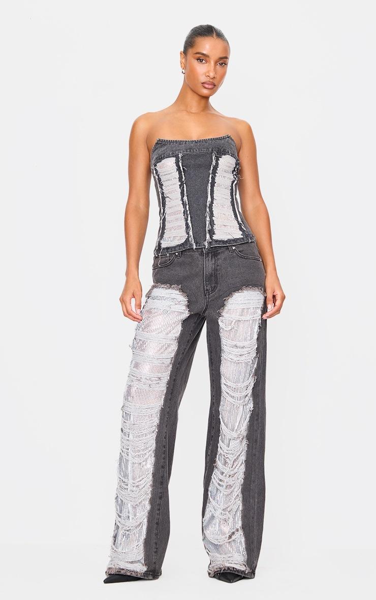 Pretty Little Thing Washed Black Extreme Distressed Sequin Panel Straight Leg Jeans