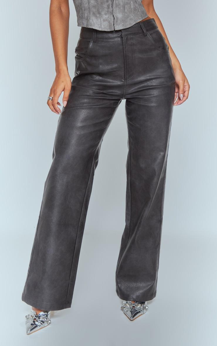 Pretty Little Thing Washed Black Faux Leather Straight Leg Pants