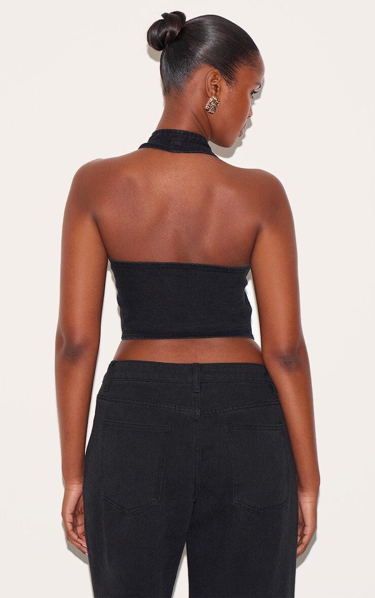 Pretty Little Thing Washed Black Halter Neck Wrap Front Denim Vest