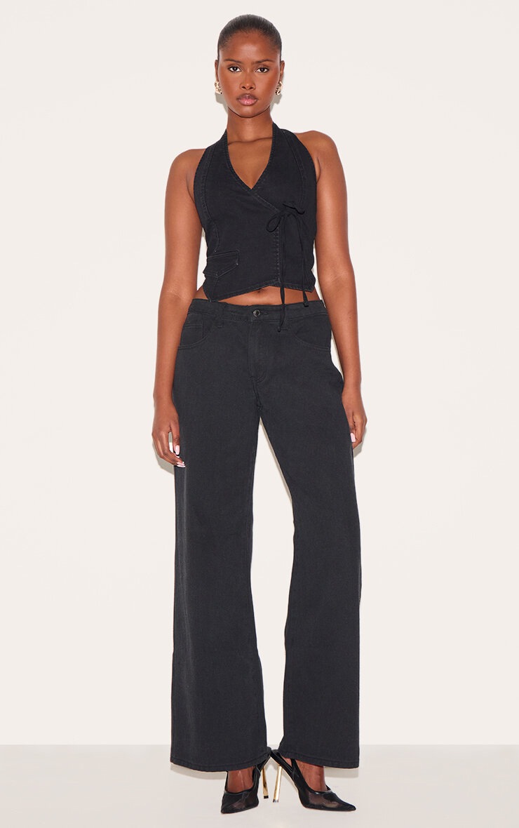 Pretty Little Thing Washed Black Halter Neck Wrap Front Denim Vest