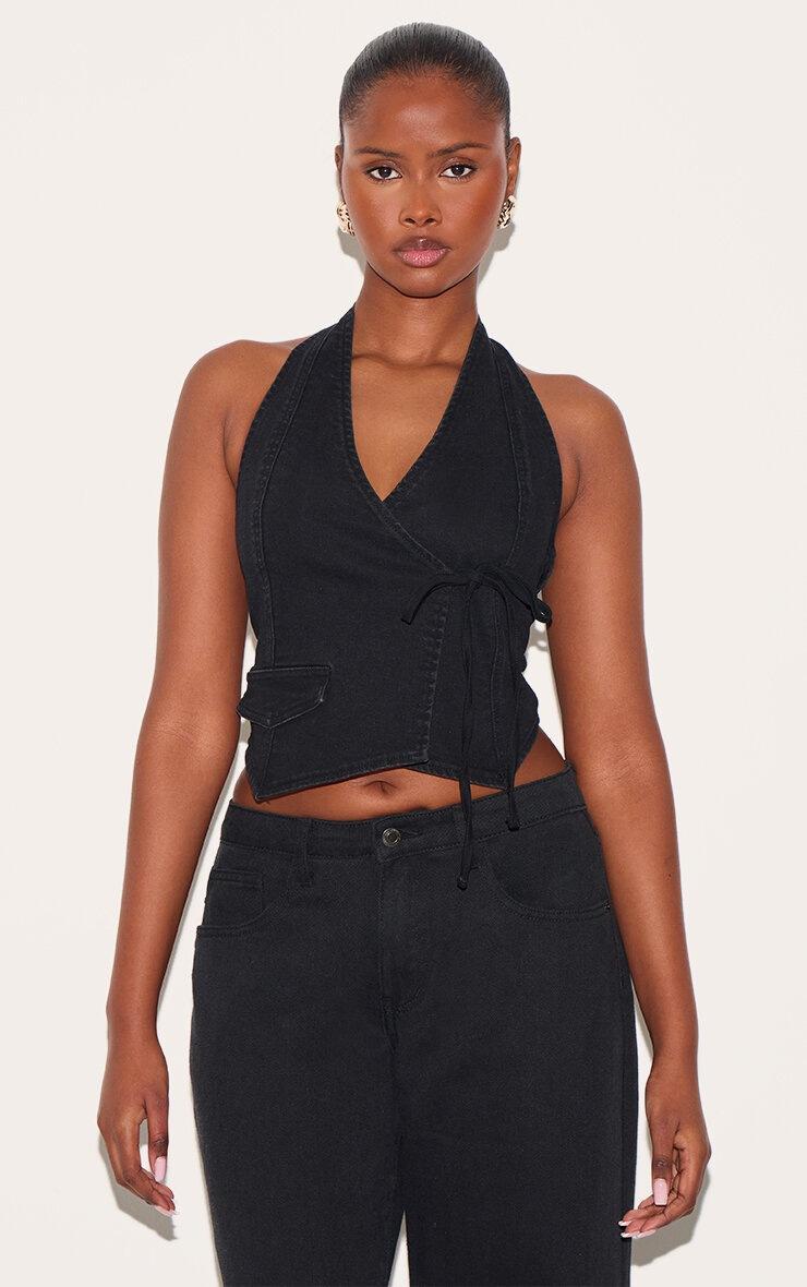 Pretty Little Thing Washed Black Halter Neck Wrap Front Denim Vest