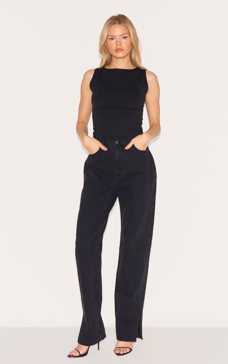 Pretty Little Thing Washed Black L30 Denim Split Hem Jeans