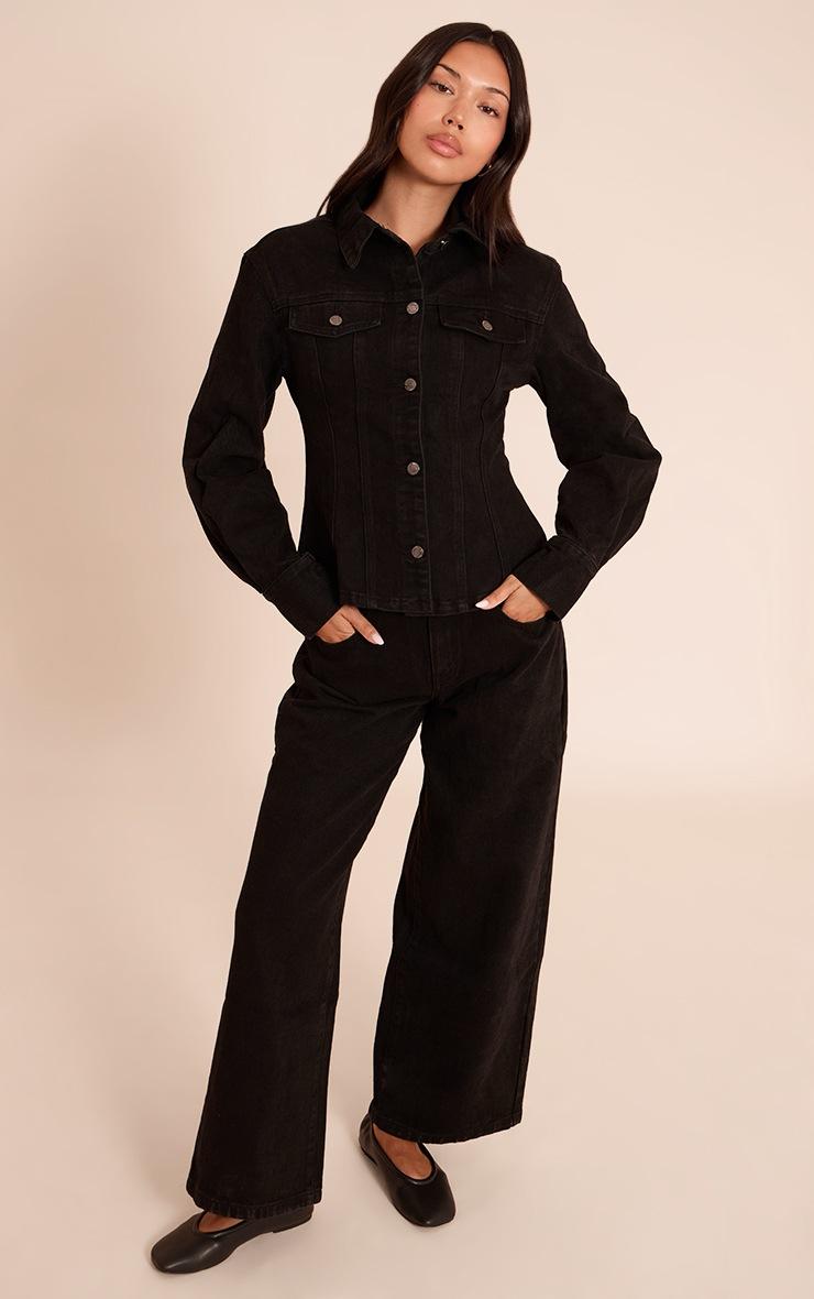 Pretty Little Thing Washed Black Long Sleeve Cinch Waist Denim Jacket