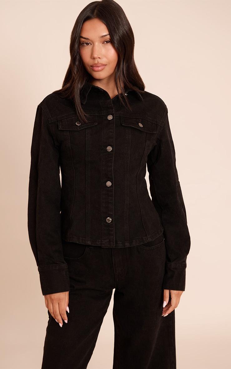 Pretty Little Thing Washed Black Long Sleeve Cinch Waist Denim Jacket