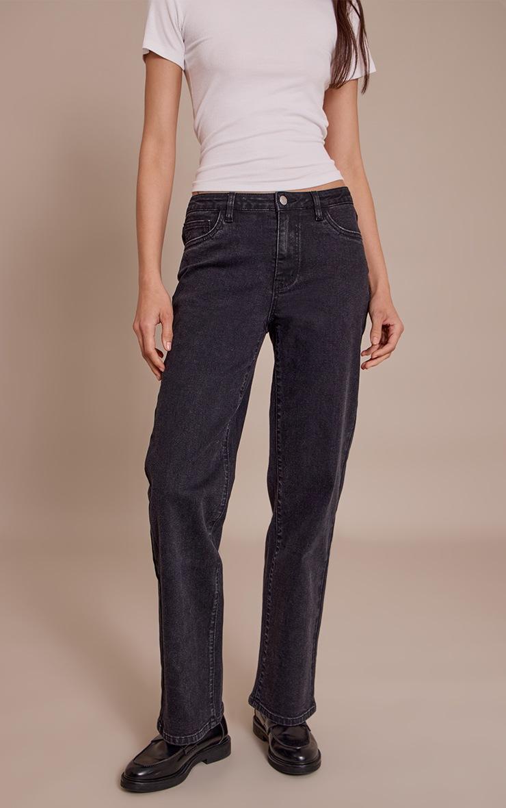 Pretty Little Thing Washed Black Mid Waist Comfort Stretch Straight Leg Jeans