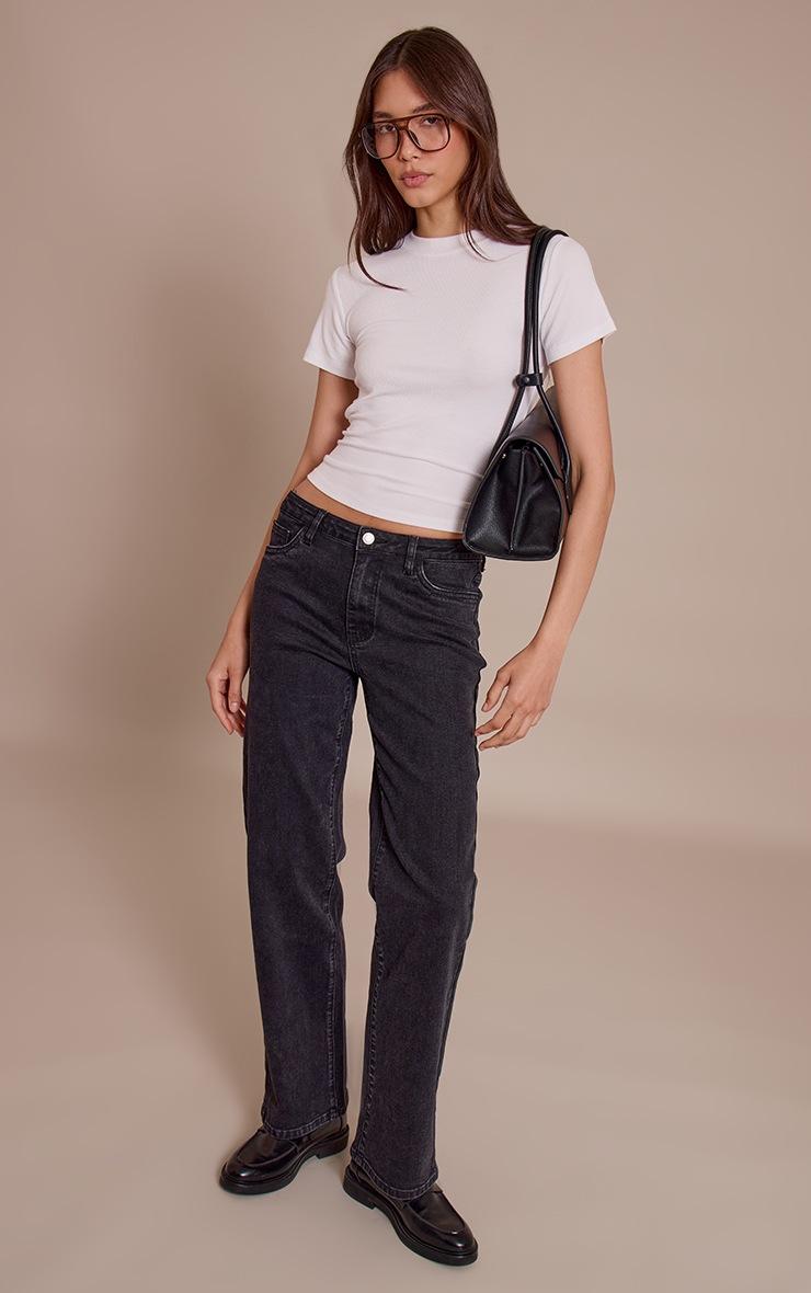 Pretty Little Thing Washed Black Mid Waist Comfort Stretch Straight Leg Jeans