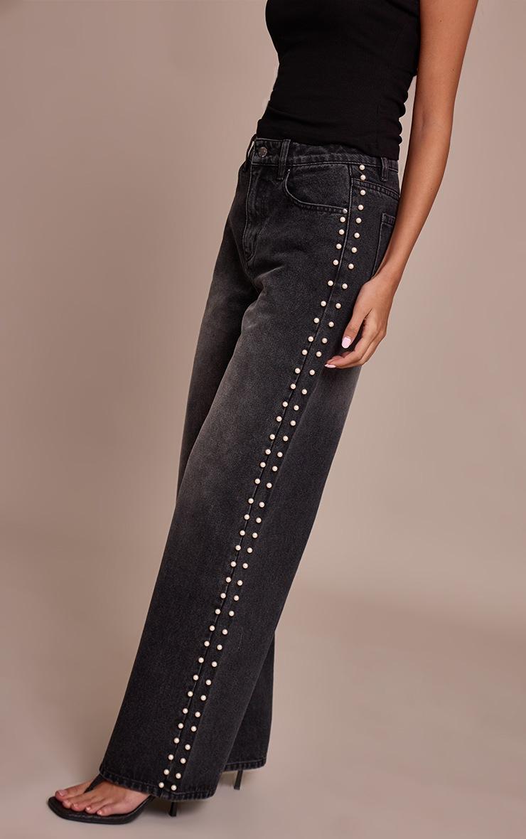 Pretty Little Thing Washed Black Pearl Embellishment Jeans