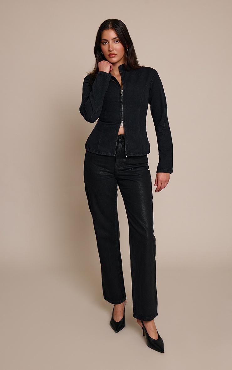 Pretty Little Thing Washed Black Seam Detail High Neck Fitted Jacket