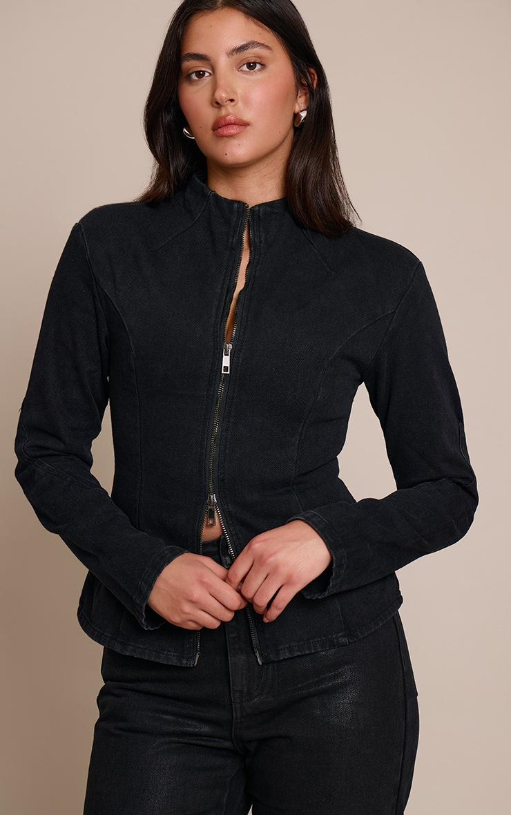 Pretty Little Thing Washed Black Seam Detail High Neck Fitted Jacket
