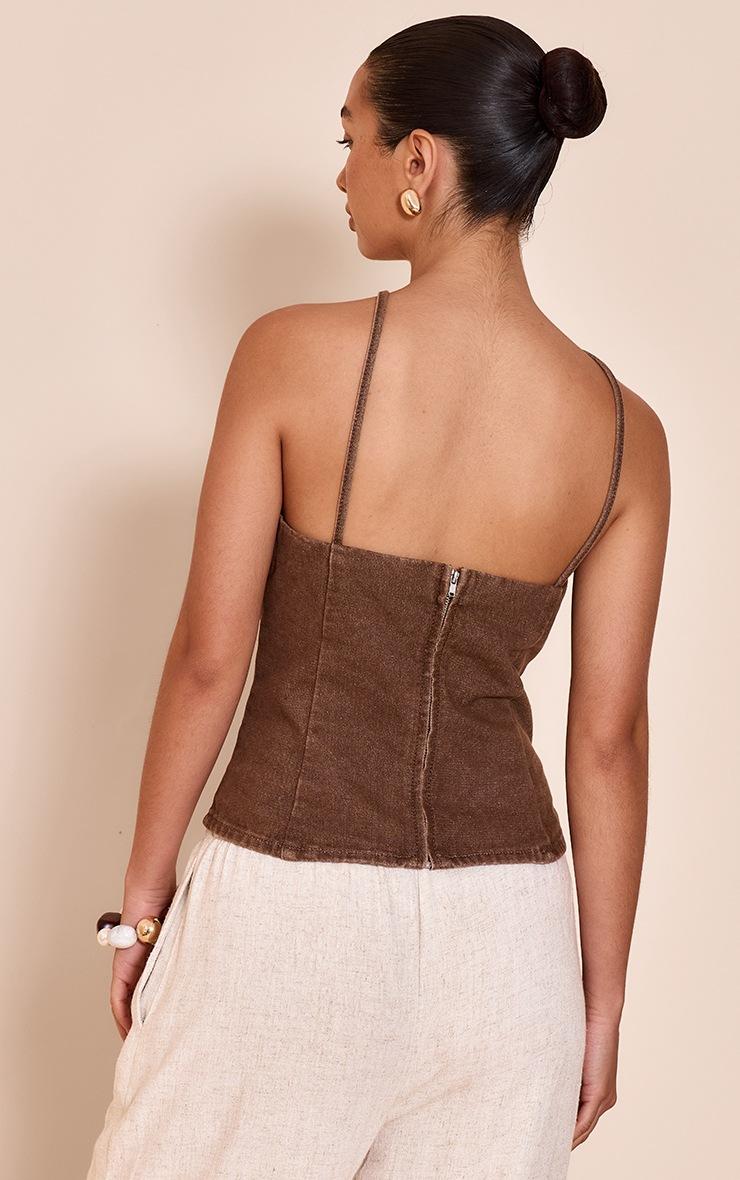 Pretty Little Thing Washed Brown Halterneck Stretch Denim Top