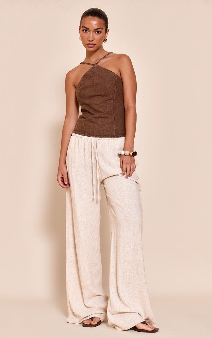 Pretty Little Thing Washed Brown Halterneck Stretch Denim Top
