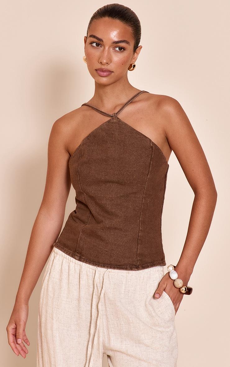 Pretty Little Thing Washed Brown Halterneck Stretch Denim Top