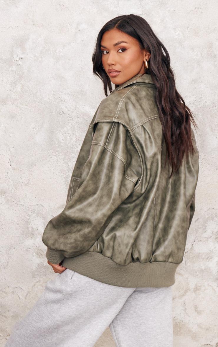 Pretty Little Thing Washed Green Distressed Faux Leather Oversized Longline Bomber Jacket