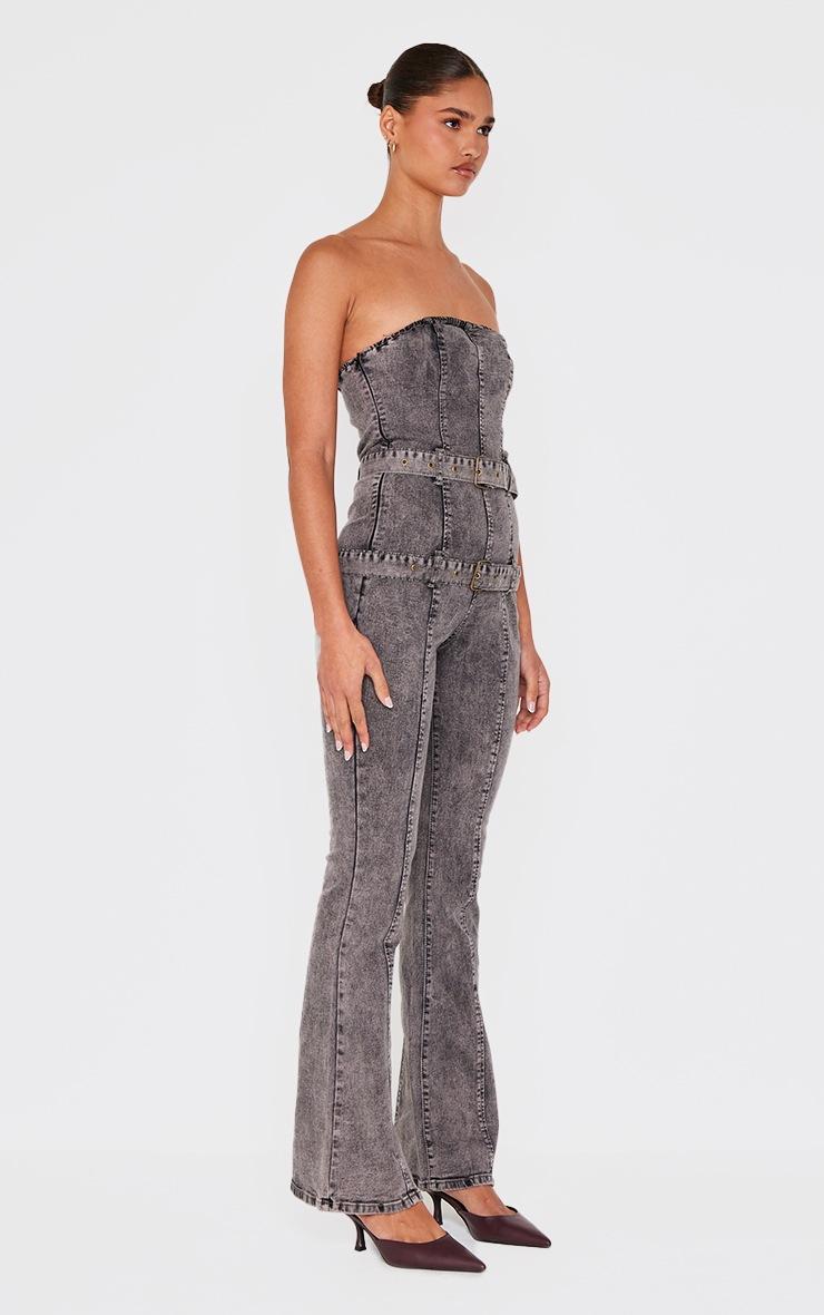 Pretty Little Thing Washed Grey Buckle Detail Straight Leg Denim Jumpsuit