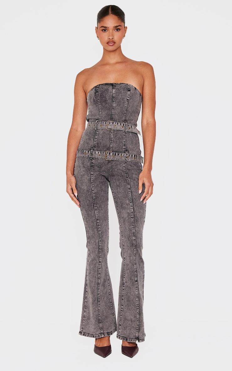 Pretty Little Thing Washed Grey Buckle Detail Straight Leg Denim Jumpsuit