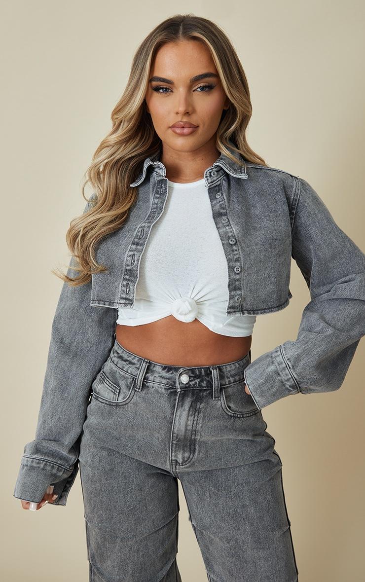 Pretty Little Thing Washed Grey Denim Cropped Shirt