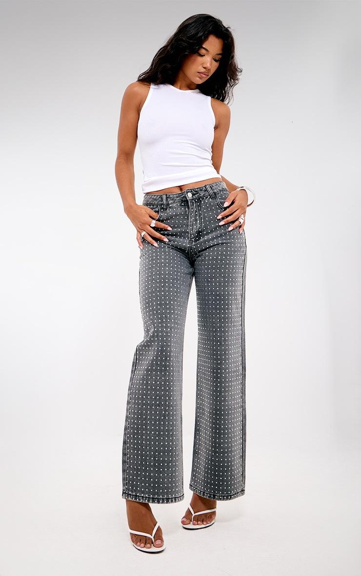 Pretty Little Thing Washed Grey Diamante Front Straight Leg Jeans