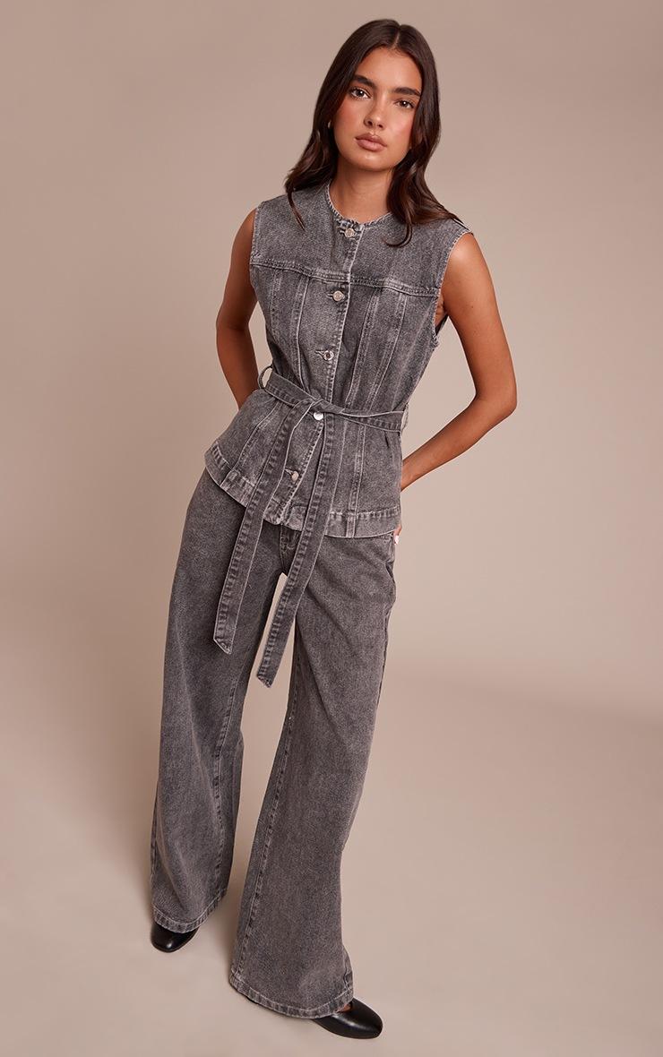 Pretty Little Thing Washed Grey Mid Rise Wide Leg Denim Jeans