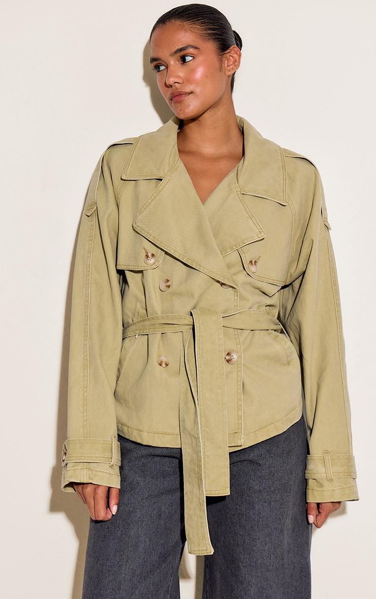 Pretty Little Thing Washed Khaki Belted Cropped Button Detail Denim Trench