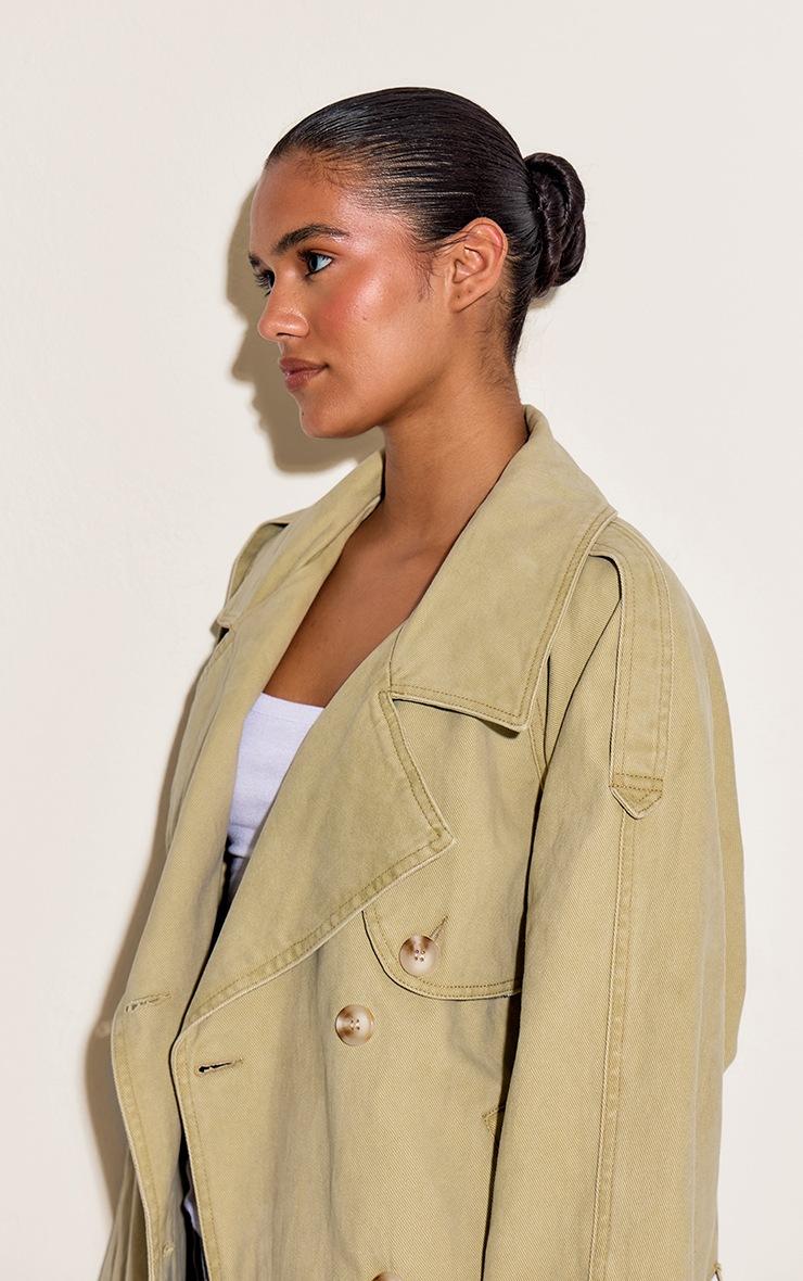 Pretty Little Thing Washed Khaki Belted Cropped Button Detail Denim Trench
