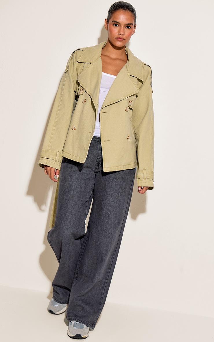 Pretty Little Thing Washed Khaki Belted Cropped Button Detail Denim Trench