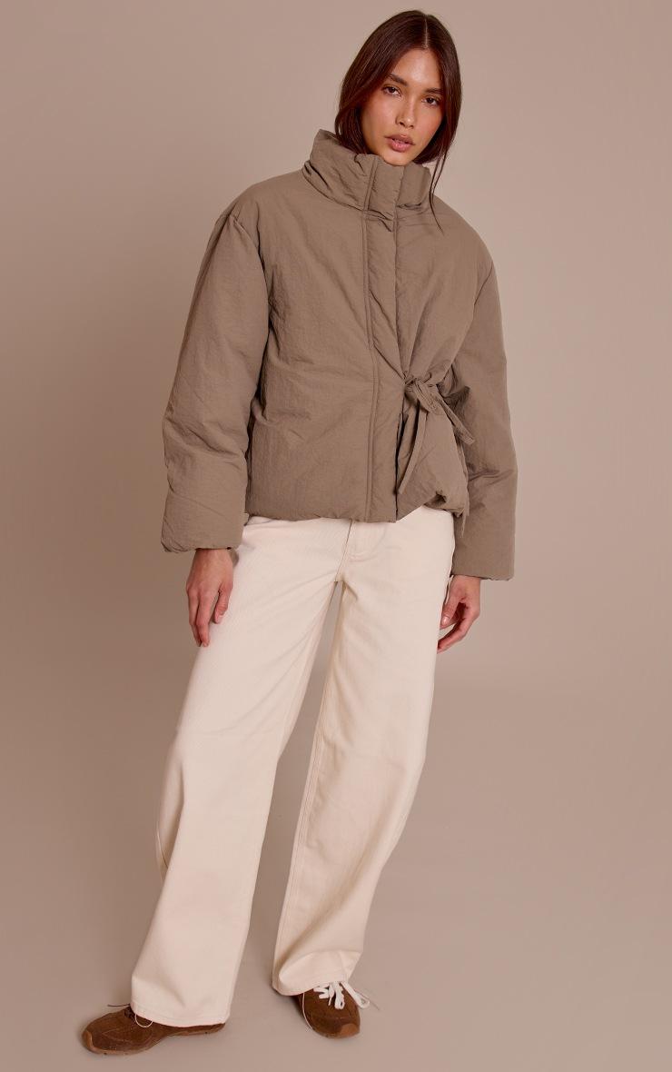 Pretty Little Thing Washed Khaki High Neck Tie Waist Quilted Puffer Jacket