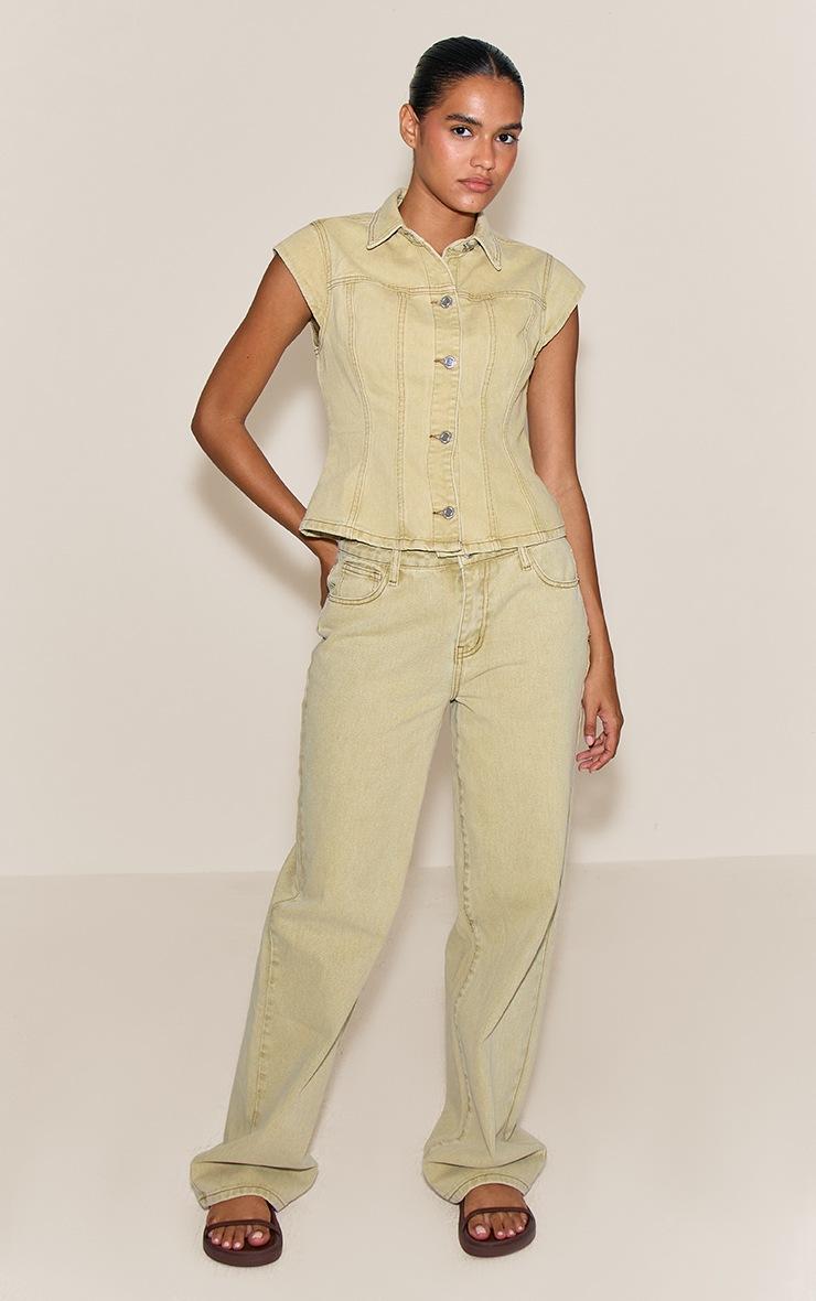 Pretty Little Thing Washed Light Sage Cap Sleeve Cinch Denim Shirt