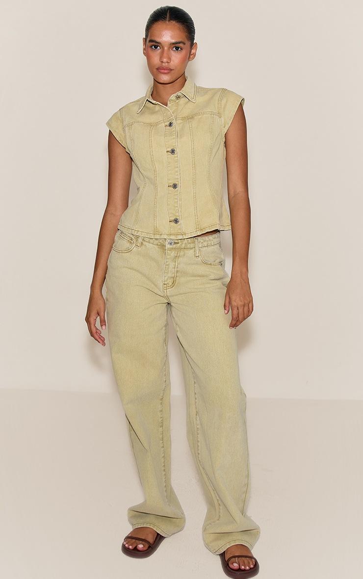 Pretty Little Thing Washed Light Sage Mid Rise Straight Leg Style Jeans