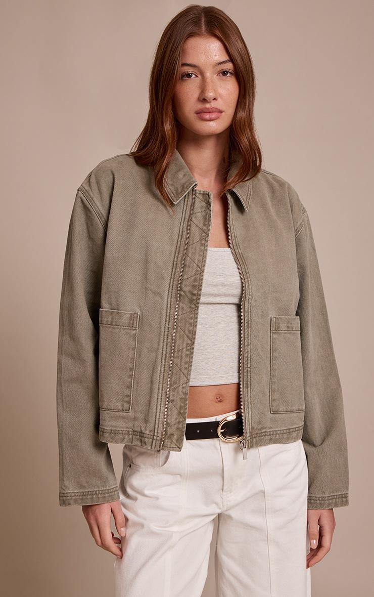 Pretty Little Thing Washed Olive Carpenter Denim Jacket