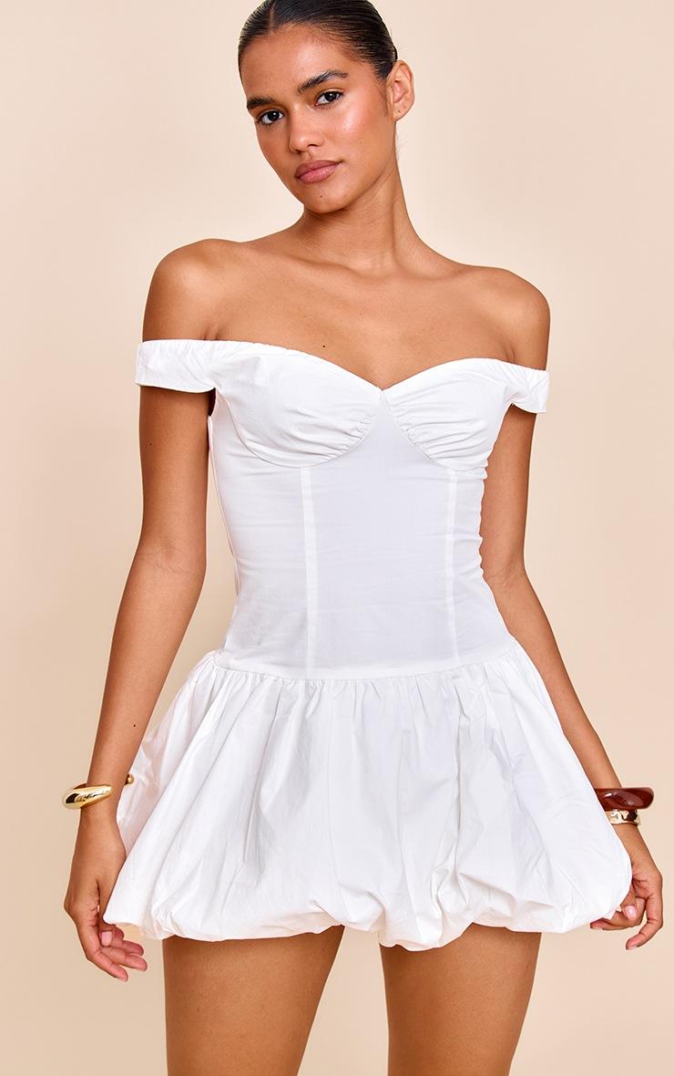 Pretty Little Thing White Bardot Puffball Mini Dress