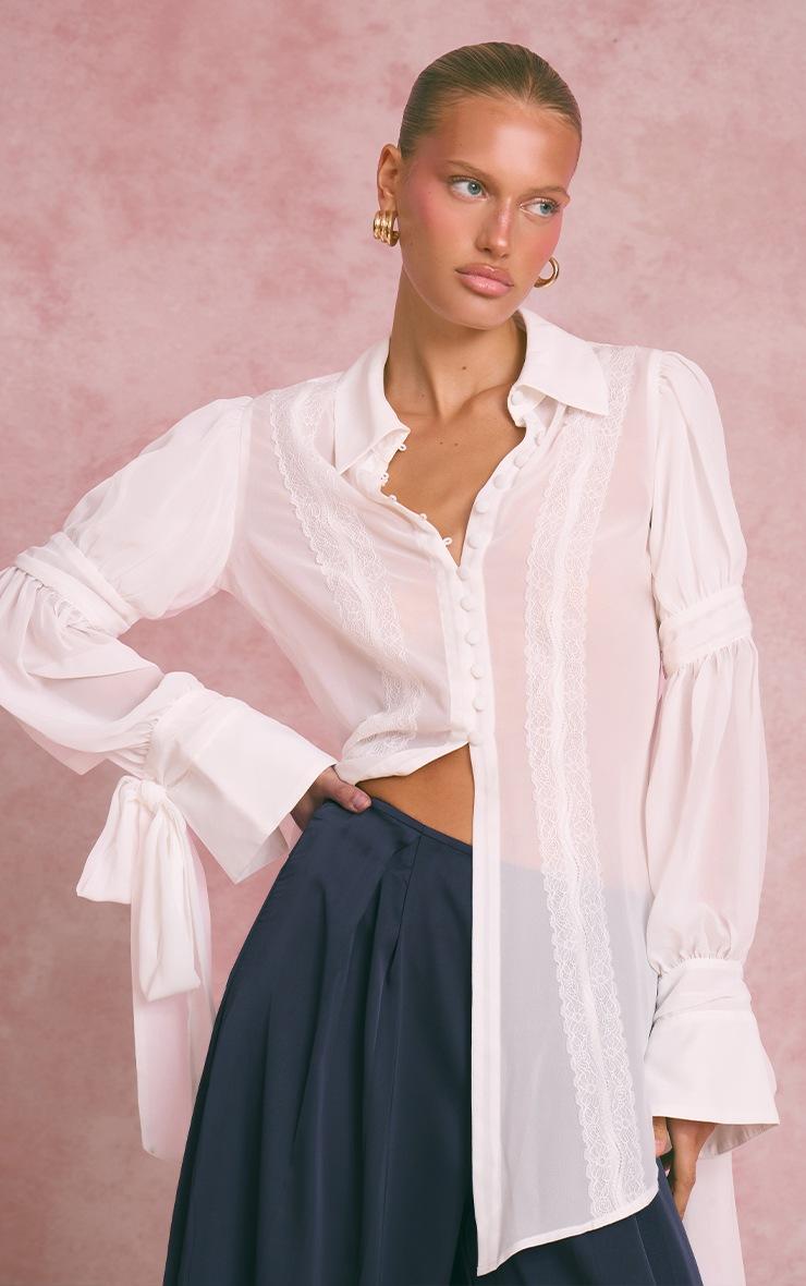 Pretty Little Thing White Chiffon Lace Trim Detail Long Blouse