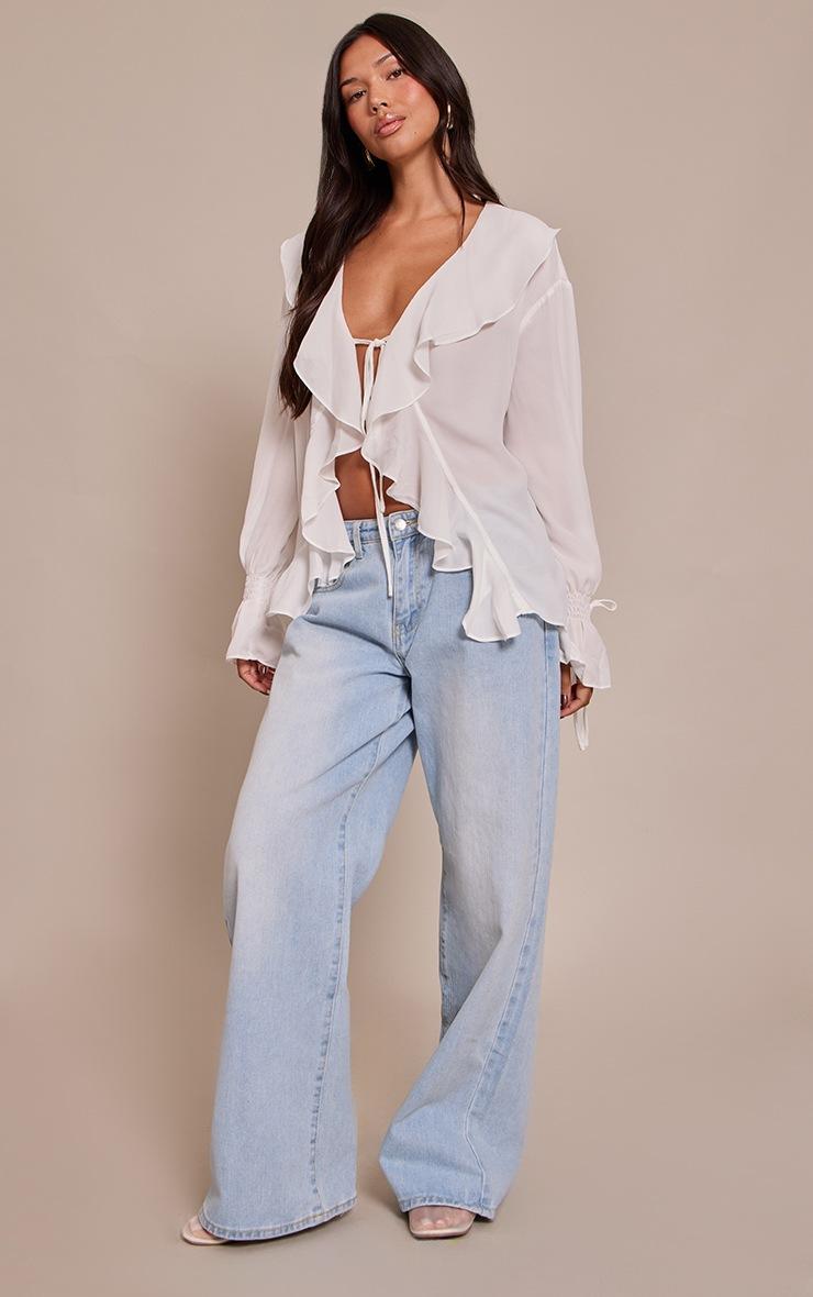 Pretty Little Thing White Chiffon Ruffle Tie Front Blouse