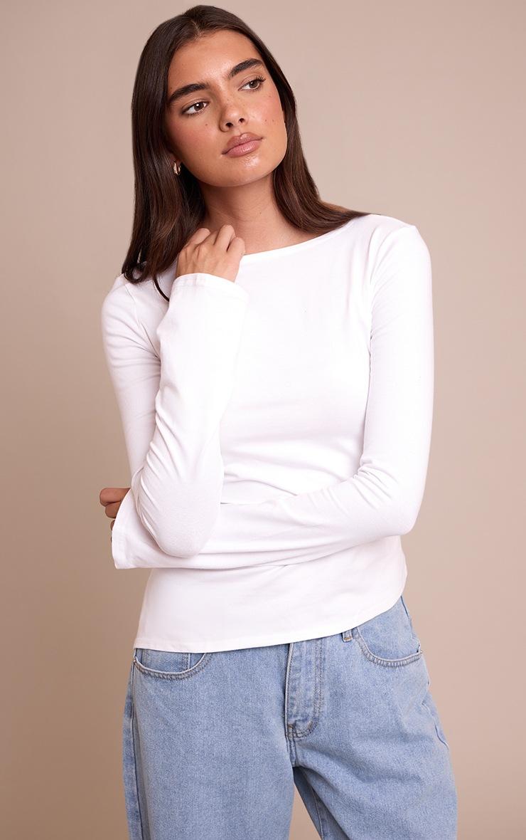 Pretty Little Thing White Cotton Asymmetric Hem Flared Long Sleeve Top