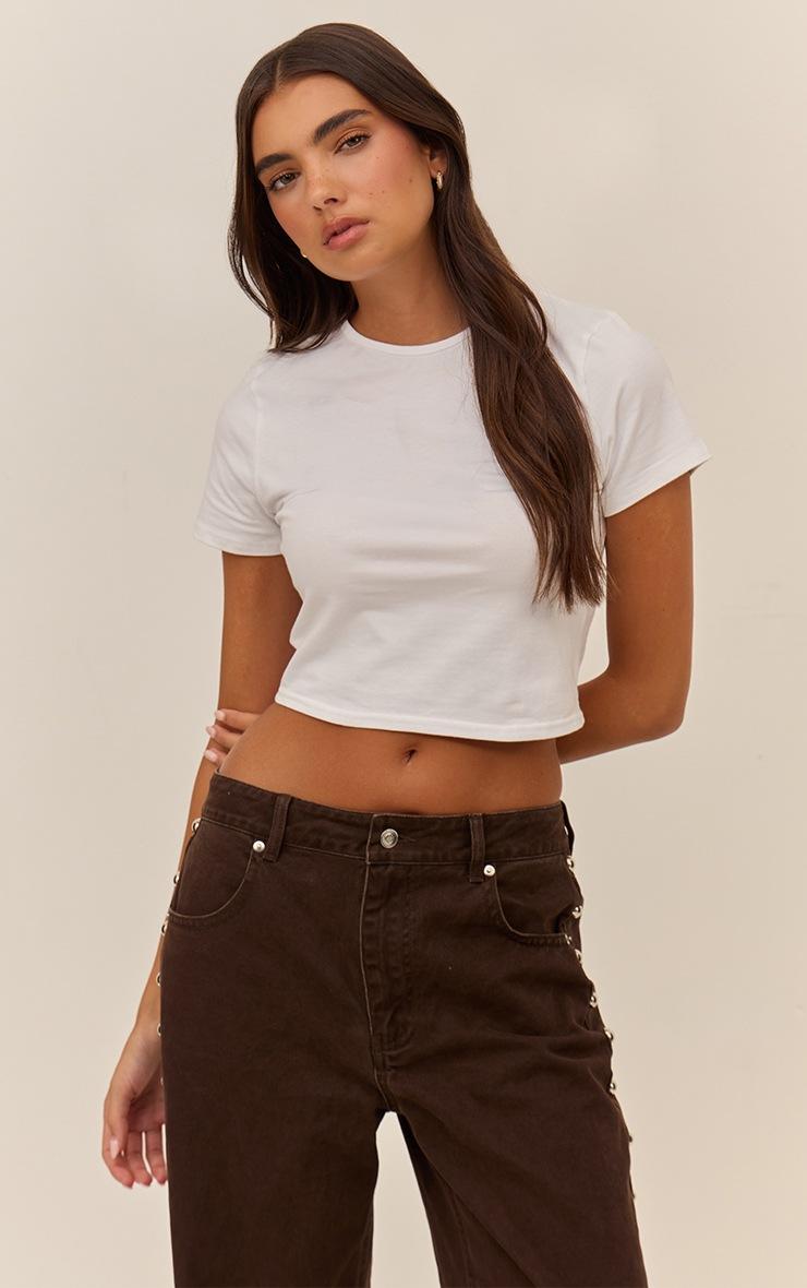 Pretty Little Thing White Cotton Crew Neck Cropped Short Sleeve T-shirt