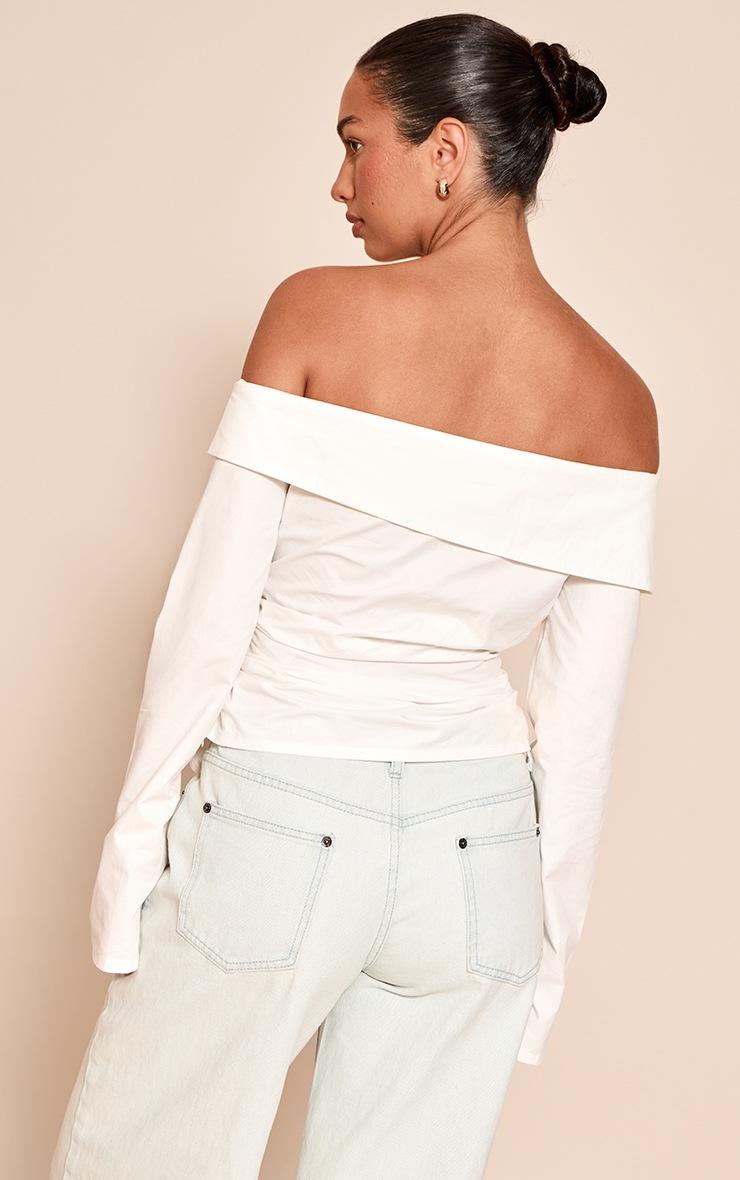 Pretty Little Thing White Cotton Ruched Asymmetric Hem Bardot Top