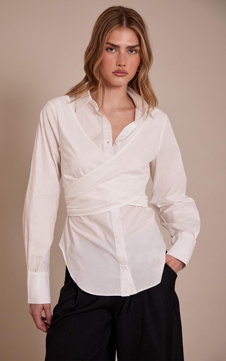 Pretty Little Thing White Cotton Wrap Detail Longline Shirt