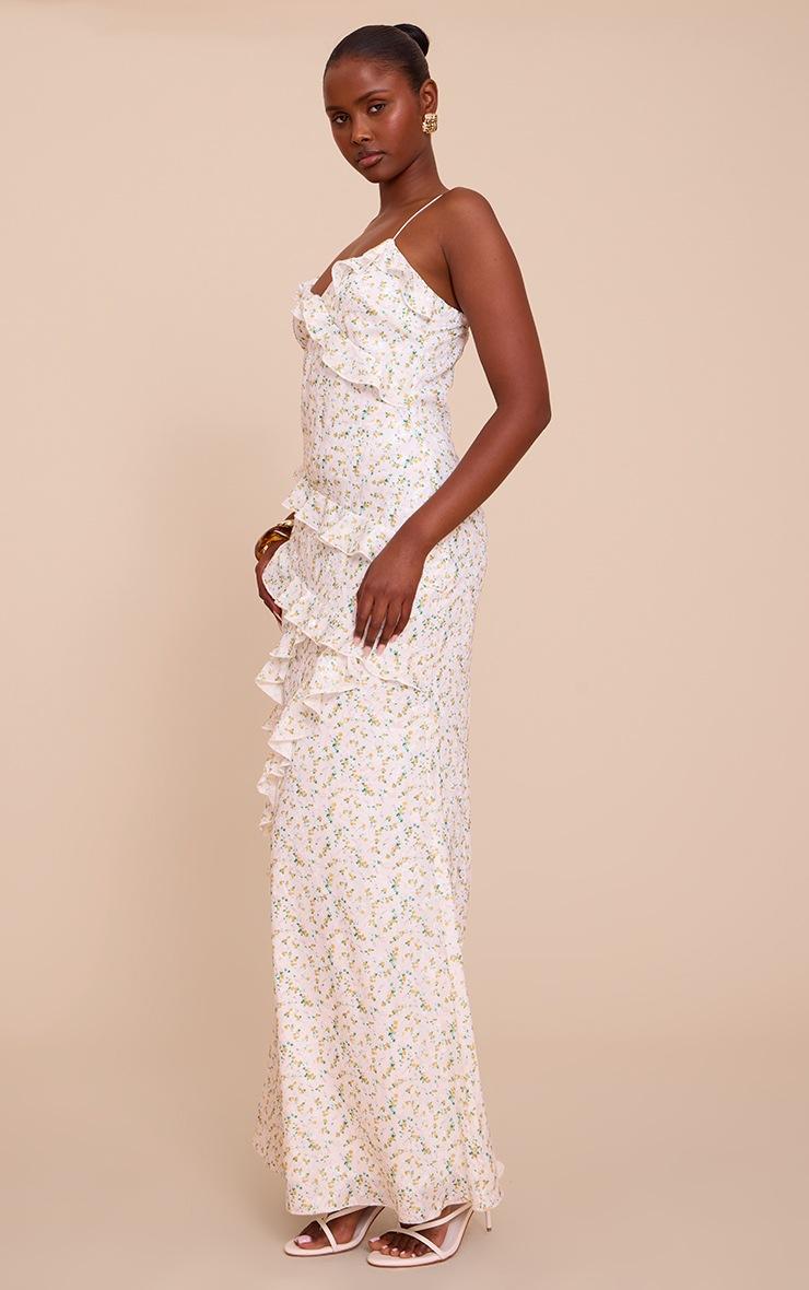 Pretty Little Thing White Ditsy Floral Embroidered Frill Maxi Dress